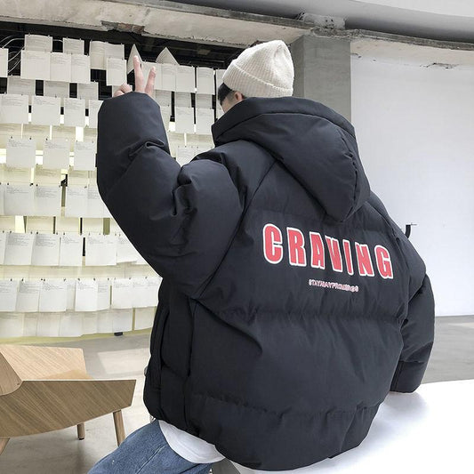 Winter Men's Down Jacket Japanese Thick Warm Hooded Jacket Korean Version of The Trend Loose Casual Printed Bread Suit Jacket