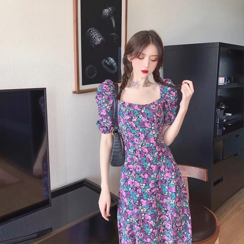 Women's Summer Puff Sleeve Floral Skirt Mid Length Slit Square Neck Dress