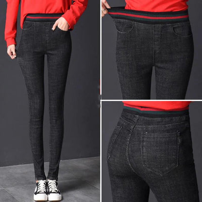High Waist Stretch Faux Denim Trousers Women's long jeans Pencil Pants Black Skinny Pants All Match Solid Color