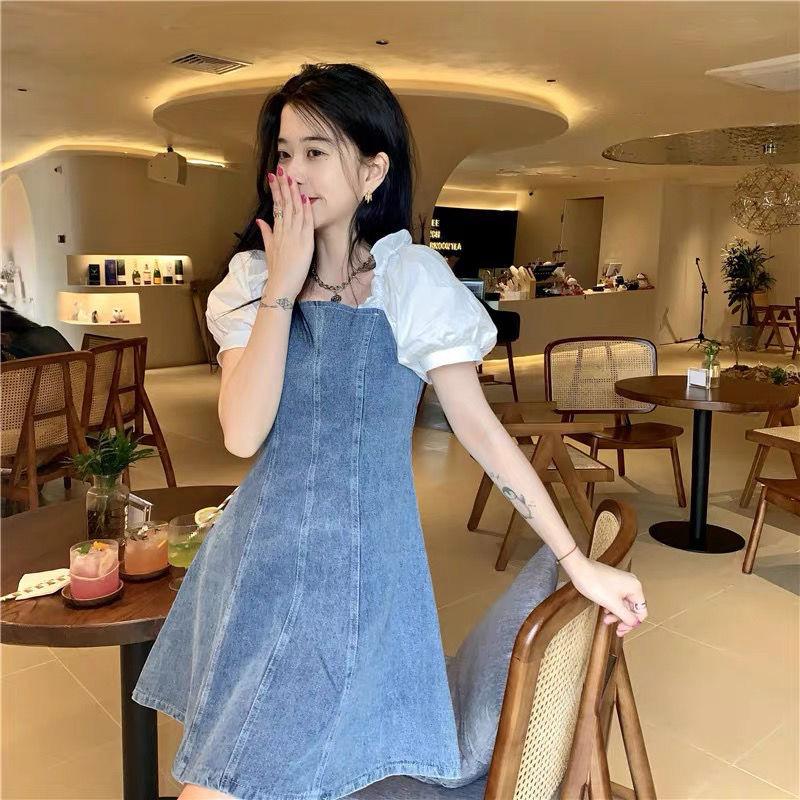 Women's Denim Dress Puff Sleeves Spring and Summer Sexy Short Dress Daily Wear Office Dating Party  A-line Dress