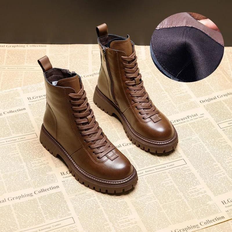 Retro Brown Martin Boots Women Autumn and Spring British Style Leather All-match Thick-soled Short Boots Women Single Shoes Waterproof Boots