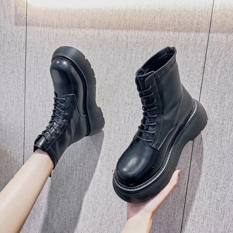 Autumn and Winter Leather Sponge Cake Thick-soled Martin Boots Thin Plush Boots Heightening Short Velvet Boots All-match