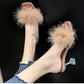 Women Fur Slippers Summer Fluffy Slippers R High -Heeled Slippers Sweet Ladies Stiletto Slippers Footwear