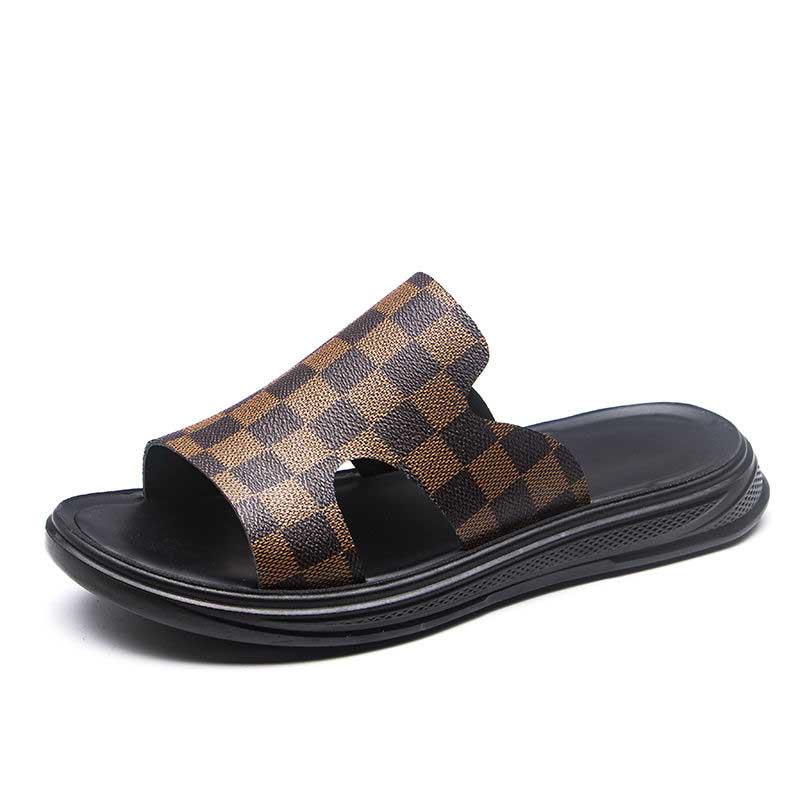 Size38-44 Summer Men Sandals Comfortable Non-slip PU Leather Plaid Beach Slippers Casual Outdoor Slippers Alphabet Drag Flip Flops
