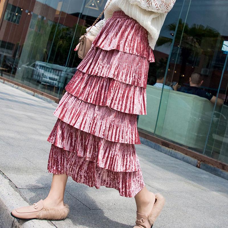 Spring Autumn Pleated Skirt Womens Vintage High Waist Skirt Solid Long Skirts Casual Skirt Female