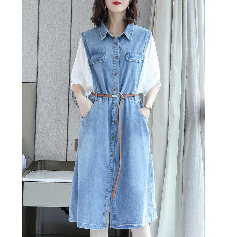 Summer Plus Size Dress Women Fake Two-piece Shirt Dress Midi Denim Dress with Belt