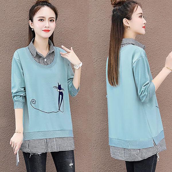 Women's Faux Two-piece Stitched Sweater Spring and Autumn Thin Long Sleeve Tops Solid Color Printed Loose Coats