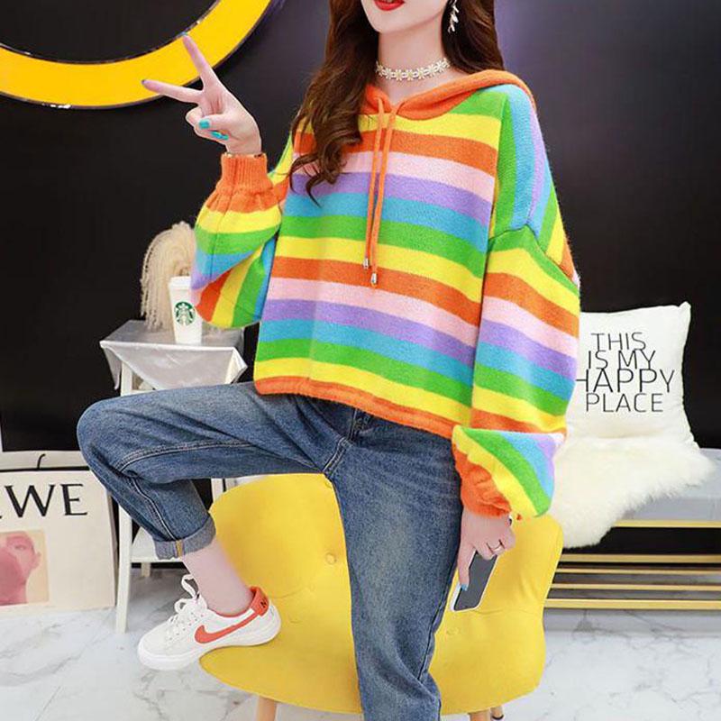 Rainbow Striped Pullover Sweater Women's Short Autumn Loose Casual Hooded Sweater Top Simple Drawstring Knitwear coat