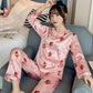 Ice Silk Pajamas Set V Neck  Long-sleeved Set for Womens Spring Autumn Thin Flower Cartoon Printed Outer Wear Home Clothes Two Pieces Set