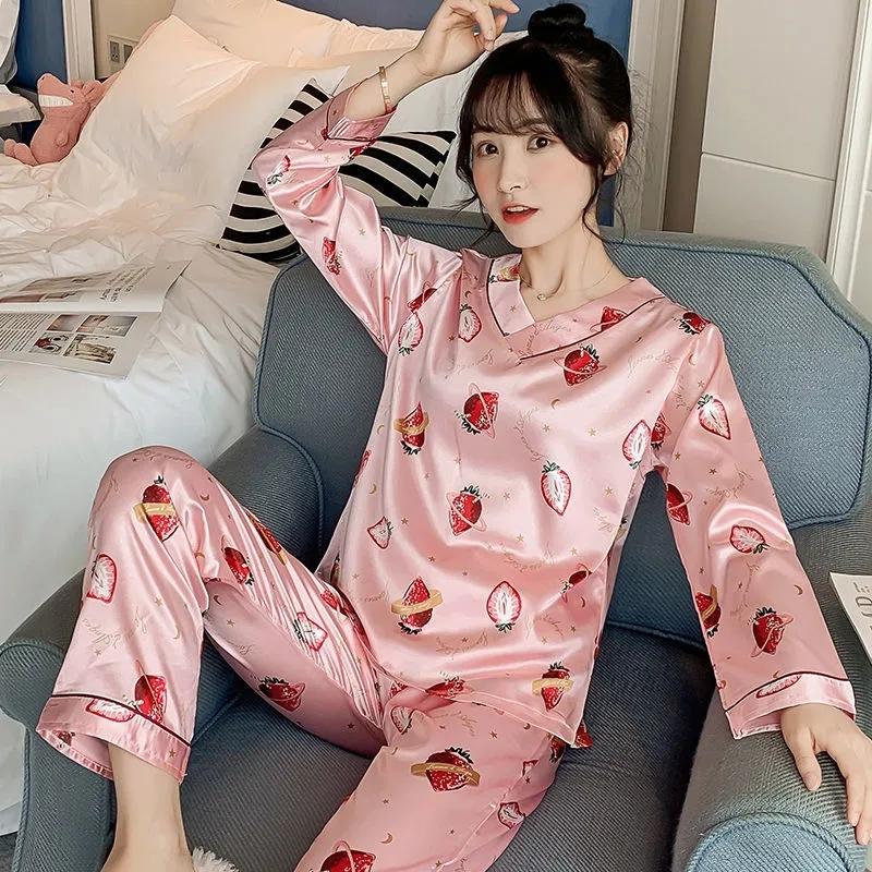 Ice Silk Pajamas Set V Neck  Long-sleeved Set for Womens Spring Autumn Thin Flower Cartoon Printed Outer Wear Home Clothes Two Pieces Set