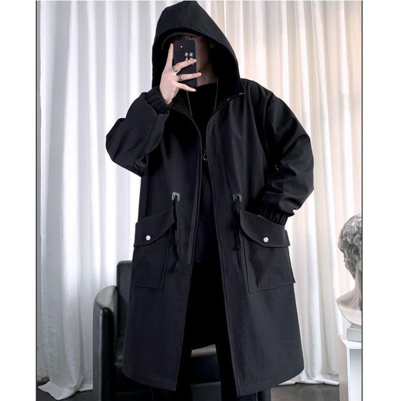 Spring Waterproof Jacket Men Hooded Windbreaker Solid Color Trend Coat Casual Loose Comfortable Parka Long