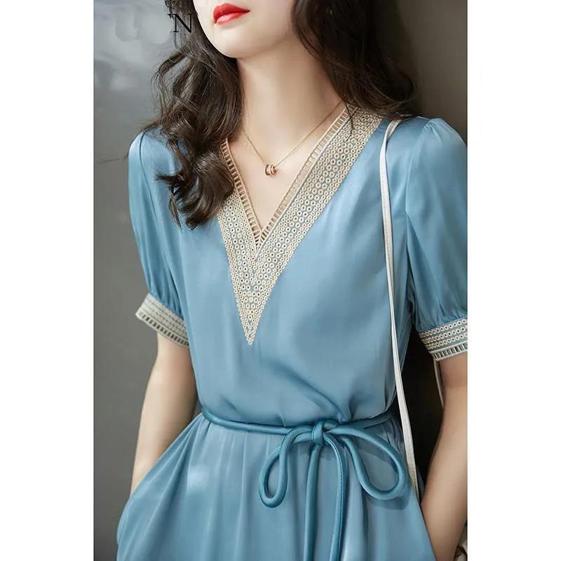 Spring Summer Solid Long Dresses Women Daily Overalls Short Sleeve V-neck Cross Vintage Female Dress Casual Robe