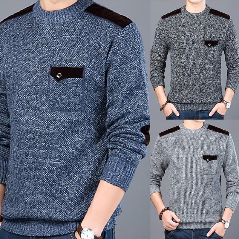 Men Fashion Pullovers Slim Fit Warm Sweater Contrast Color Autumn O-Neck Trendy Sweater