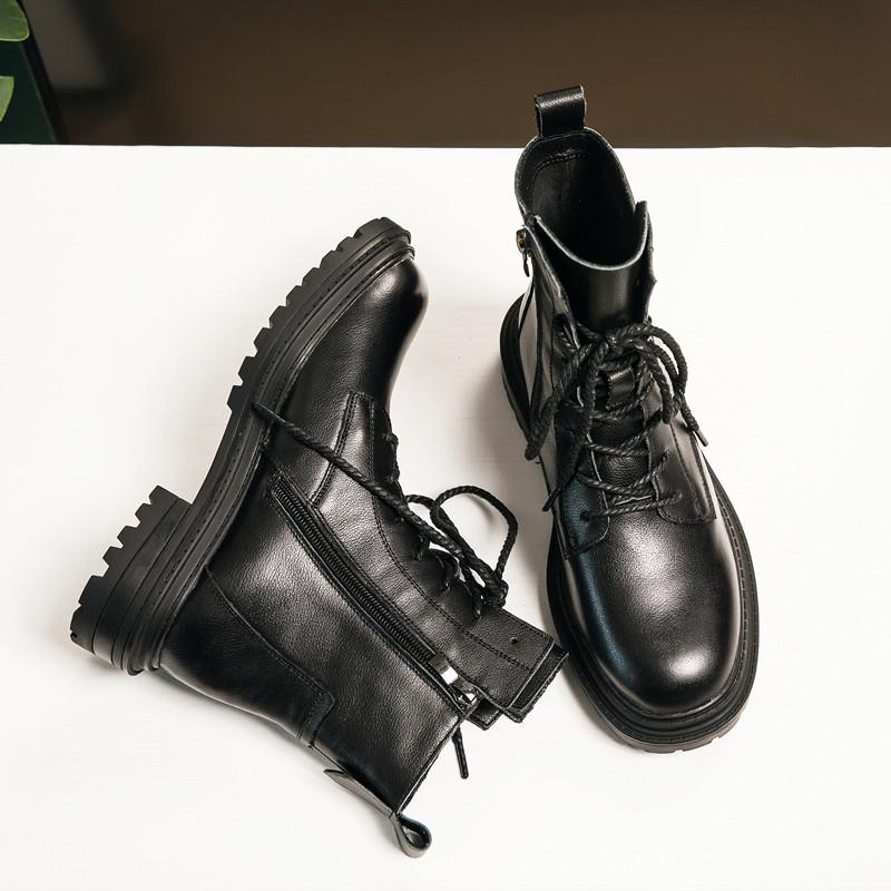 Women Boots Genuine Leather Ankle Booties Spring Fall Shoes Black Brown Platform Boots Goth Punk Shoes Flat Boots