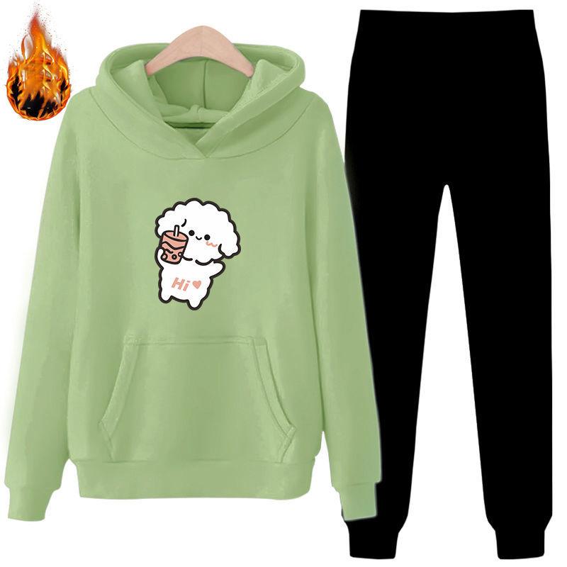 Printed Hoodie Sweater Women's Long Sleeve Fall/Winter Warm Pullover Pocket Plus Fleece Sweater Women's Two-piece Casual Warm Suit