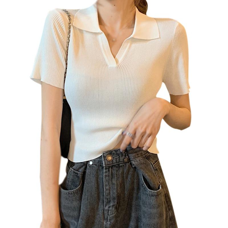 Summer V-neck Short-sleeved Knitted Sweater Women's Korean Version Slim Fit and Thin All-match French Girl Retro Hong Kong Style Short Top