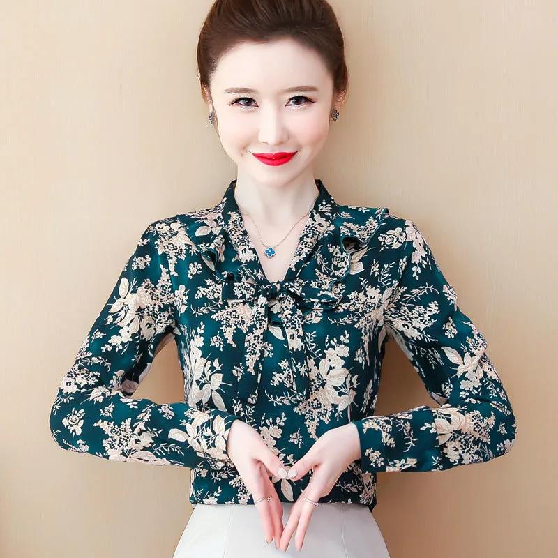 Floral Chiffon Shirt Women's Spring Western Style Cover Belly Bow Small Shirt All-match Loose Bottoming Top