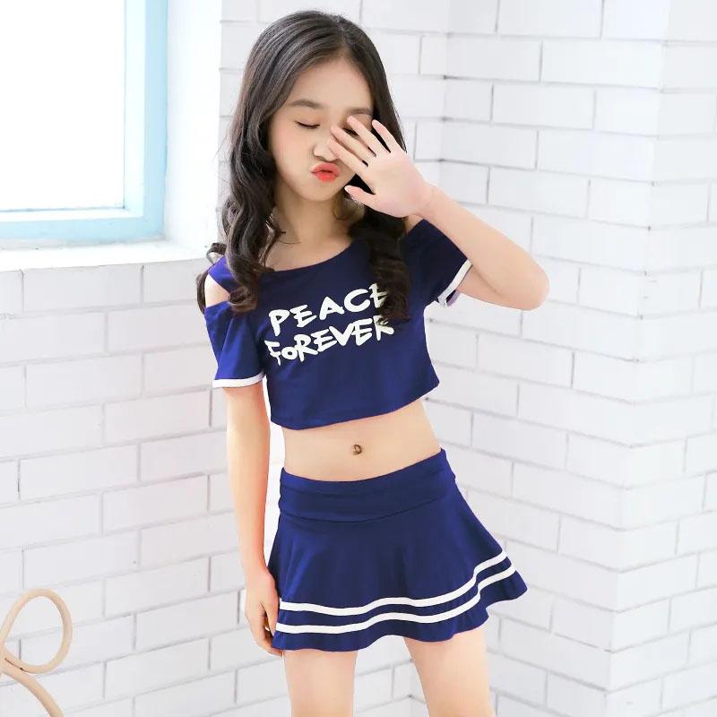 Girls Sports Swimwear Off-the-shoulder Pleated Skirt Separate Swimsuit Summer Kids Girls Beachwear Bathing Suit Bikini Dress Set