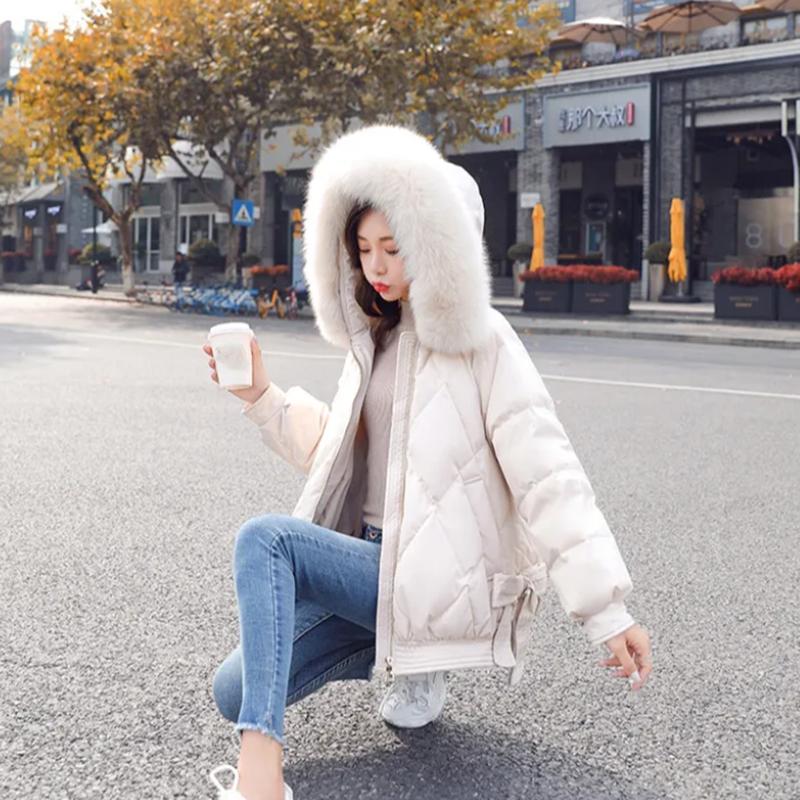 Women's Solid Color Down Jacket Regular Korean Loose Thick Coat Warm Cotton Coat Big Fur Collar Winter Clothes Quilted Coat