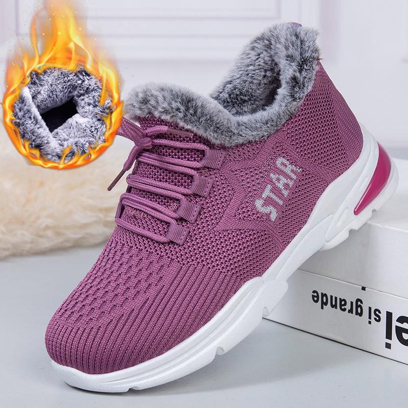 Winter Plus Flannel Shoes Ladies Cotton Shoes Middle-aged and Elderly Thickened Warm Sports Shoes Flat-bottomed Non-slip Cotton Boots