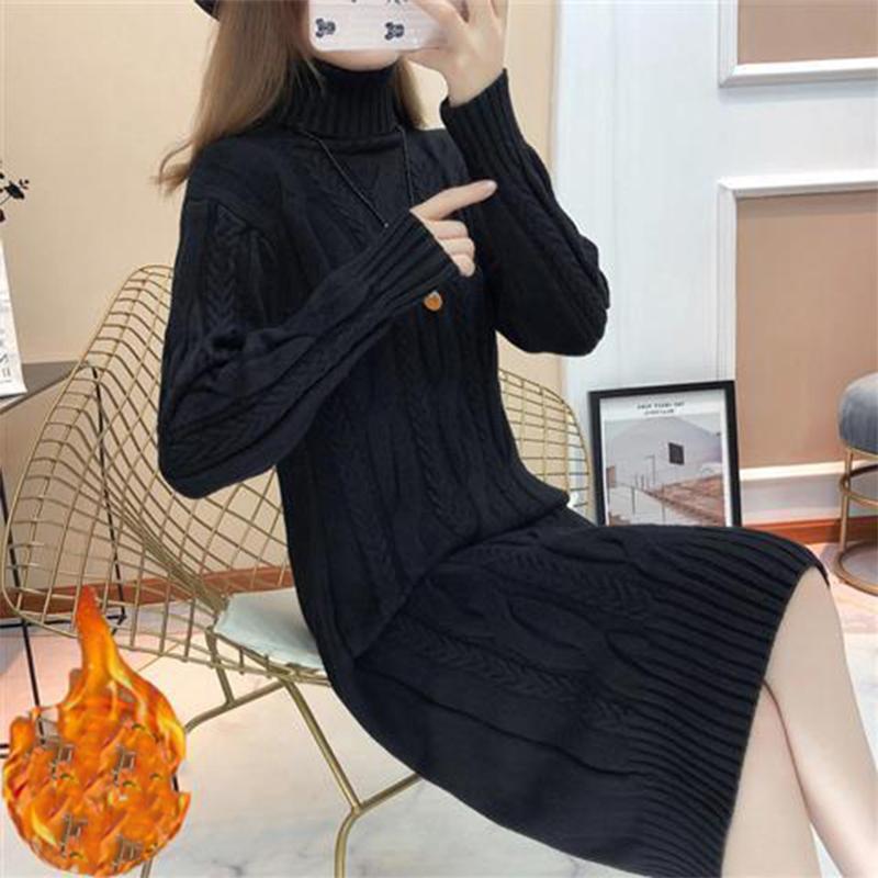 Spring and Autumn New Style Plus Velvet Padded High-neck Over-the-knee Sweater Women Loose Mid-length Knit Sweater and Long Dress