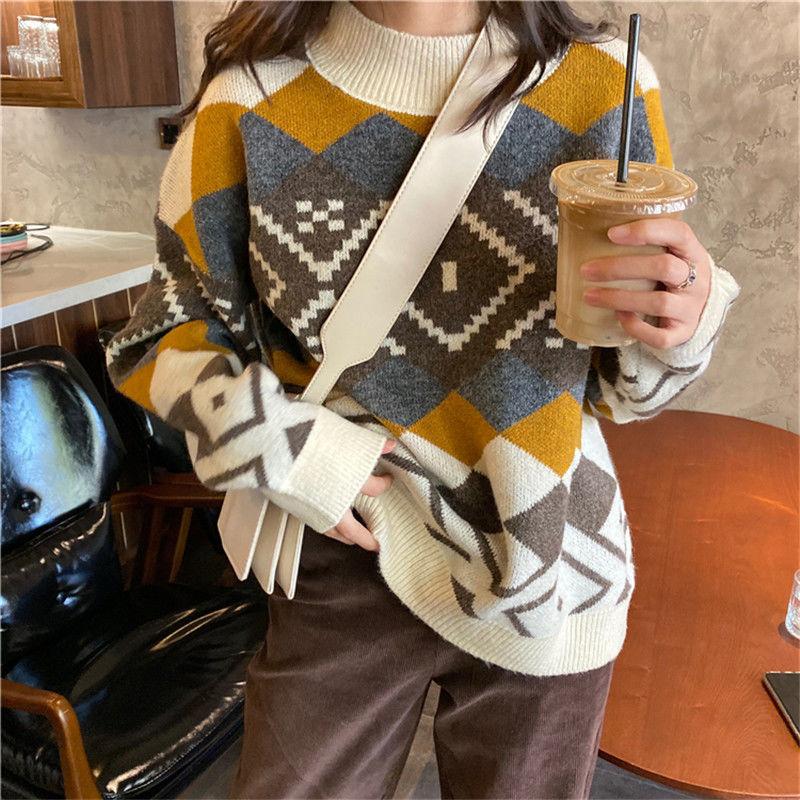 Half High Neck Pullover Sweater Women Fall Winter Casual Fashion Loose Contrast Color  Geometric Pattern Long-sleeved Sweater