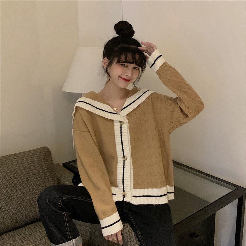 Autumn and Winter College Style Navy Collar Contrast Color Design Sense Outer Wear Loose Long-sleeved Knitted Sweater Women