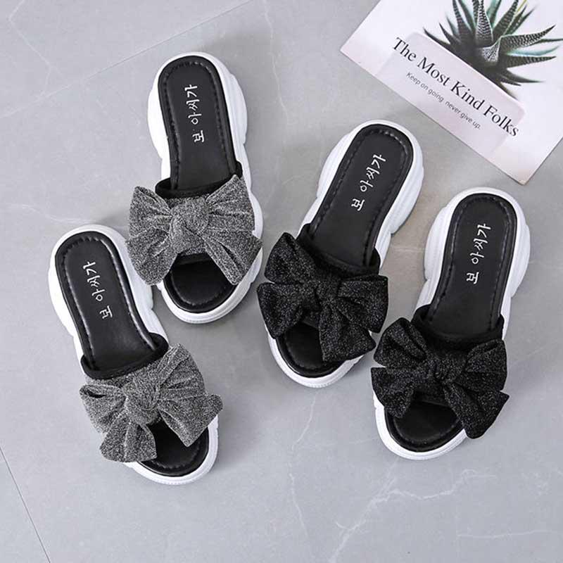 Size 35-40 Summer Women All-match Bow Slippers Outdoor Pearl High Heels Sandals Bohemian Beach Wear-resistant Non-slip Slippers Wedge Platform Sandals