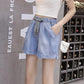 WTEMPO Big Pocket High Elastic Waist Denim Shorts Women Loose Spring and Summer Wide Leg A-line Thin Casual Jeans