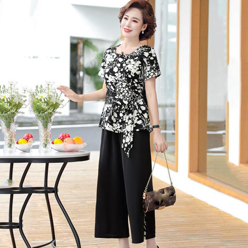Printed Summer Suit Casual Large Size Two-piece Round Neck Short-sleeved T-shirt + Loose Wide-leg Pants Comfortable and Cool