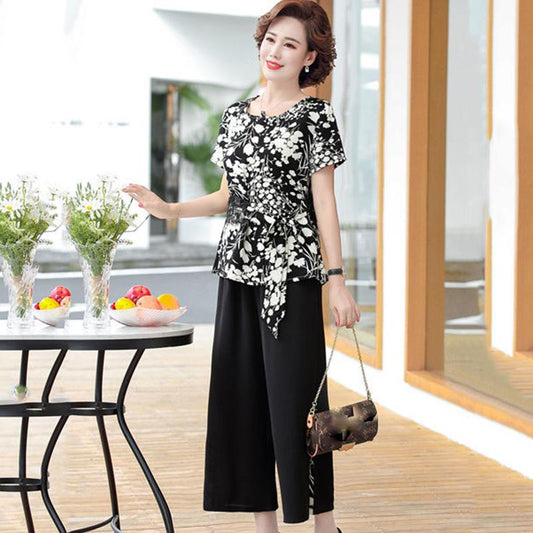Printed Summer Suit Casual Large Size Two-piece Round Neck Short-sleeved T-shirt + Loose Wide-leg Pants Comfortable and Cool