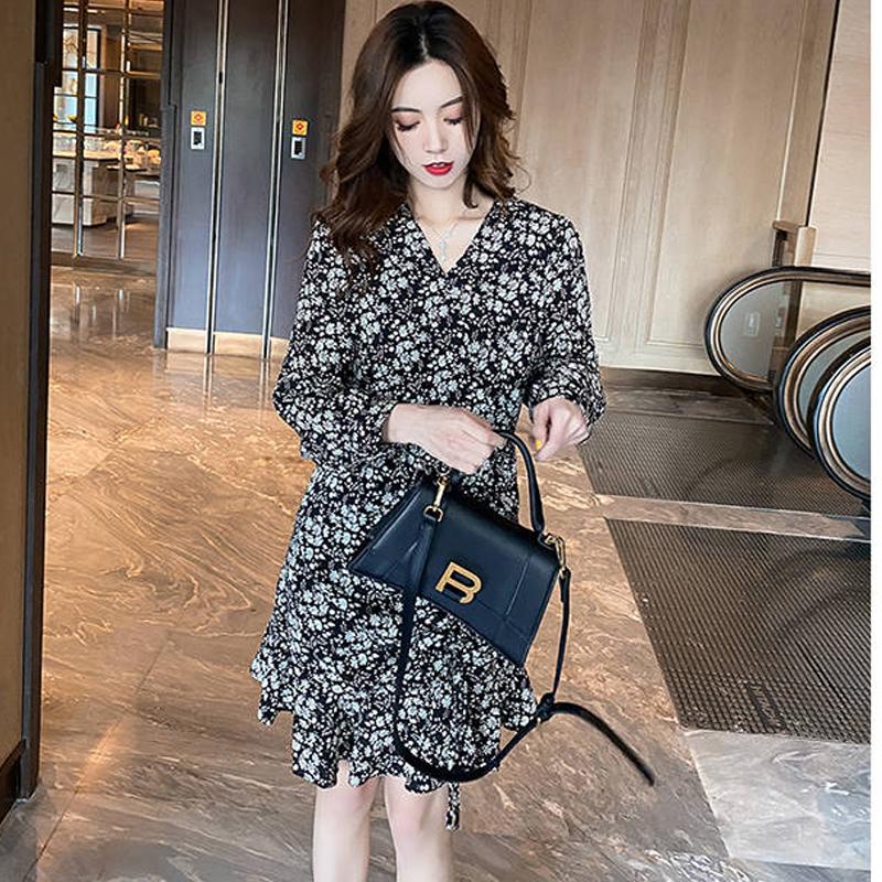 Ruffled Mini Vintage Print Irregular Dress Lantern Sleeve Elegant Chiffon Dress Slim Streetwear