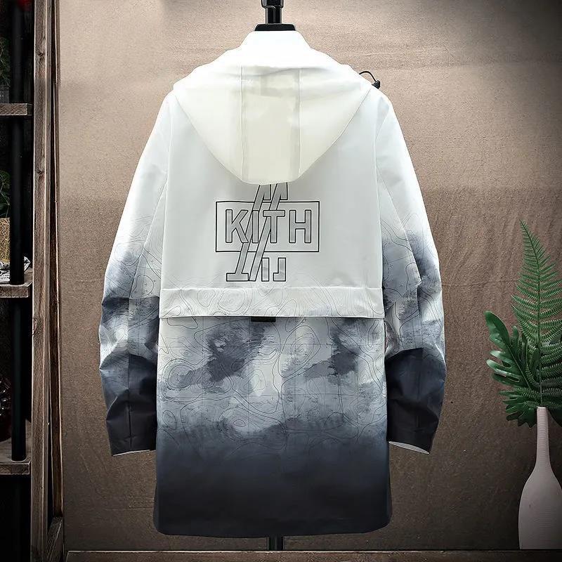 L-8XL Oversized Ink Pattern Windbreaker Casual Hooded Coat Spring Waterproof Jacket Men Comfortable Top Long