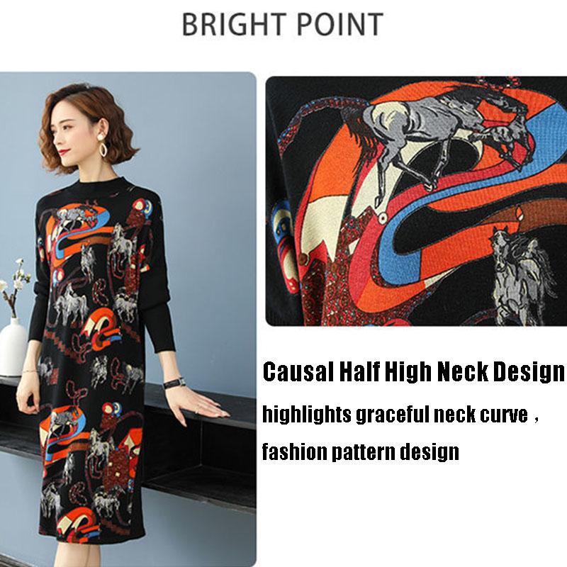 Long Printed Dress Autumn and Winter Calf-length Cardigan Loose Large Size All-match Knitted Pullover Sweater