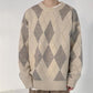 Retro Rhombus Color Matching Round Neck Sweater Men's Tide Brand Loose Knitted Sweater Women's Lazy Style Casual All-match Couple's Sweater
