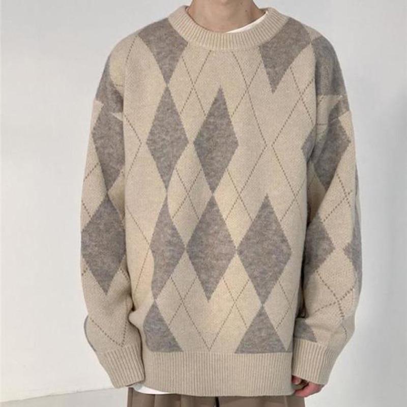 Retro Rhombus Color Matching Round Neck Sweater Men's Tide Brand Loose Knitted Sweater Women's Lazy Style Casual All-match Couple's Sweater