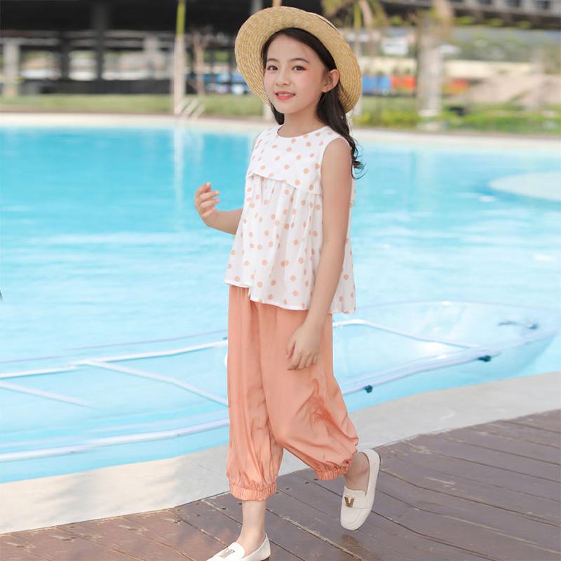 Girls' Suit Sleeveless Super Western-style Children's Clothing Big Kids Summer Fashion Sports Two-piece Suit