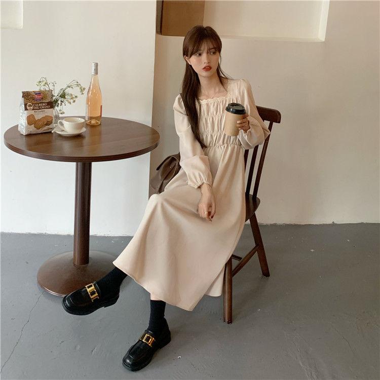 Spring and Autumn Korean Version of French Temperament Square Collar Lace Folds Waist Dress Students