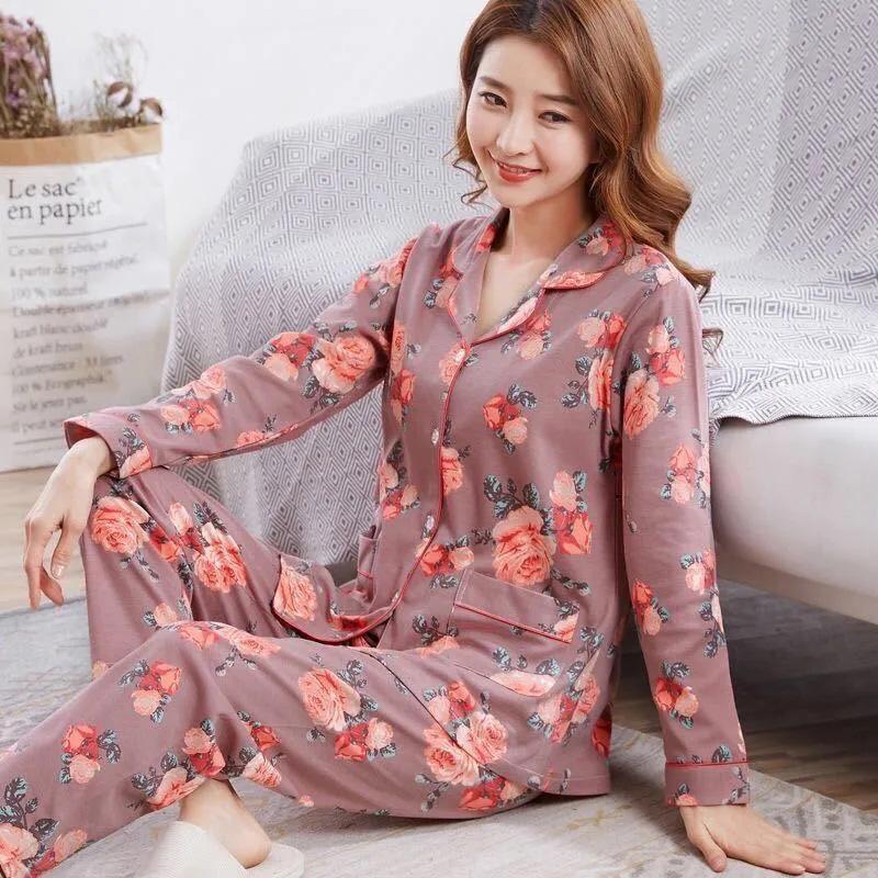Women's Long Sleeve Floral Printed Pajamas Set Spring Autumn Casual Sleeping Suit Loose Comfortable Home Wear Pants Blouses Two Piece Set