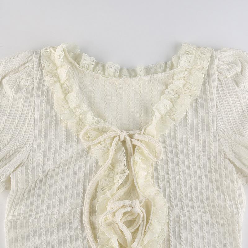Women's T-shirt Ruffles Lace Up Sweet Cropped Tops Summer Knitted Casual Puff Sleeve Chic Y2K T-shirts Elegant Fashion Korean Tee