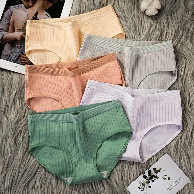 4PCS Cotton Underwear Women's Comfortable Sexy Lingerie Breathable Student Less Antibacterial Mid-low Waist Briefs Ladies Striped Underwear Bottoms
