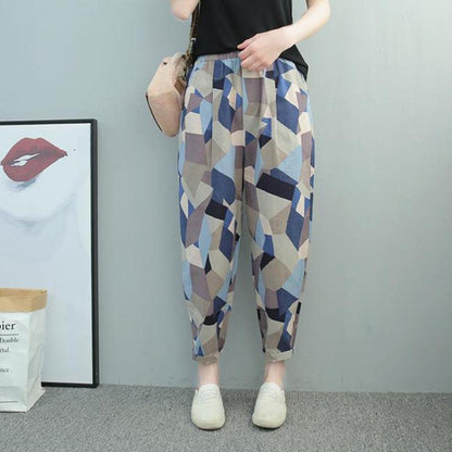 WTEMPO Geometric Haren Pants Summer Thin High Waist Cropped Casual Loose Large Size Bloomers Pants