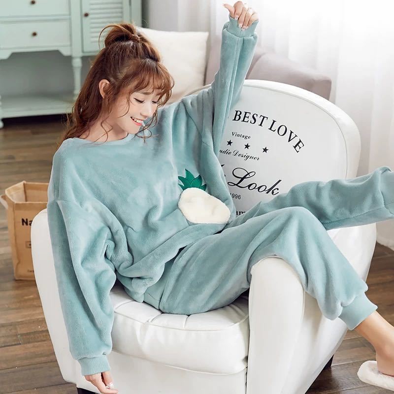 Household Indoor Coral Velvet Thickened Women's Pajamas Flannel Plus Velvet Outer Wear Home Suit