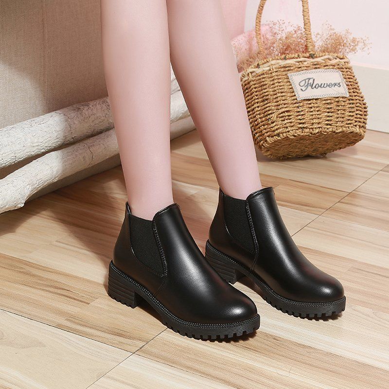 Ankle Boots for Women Thick Bottom Round Toe Leather Boots  All-match Platform Shoes Chunky Heel Plus Velvet Warm Chelsea Boots Plus Size 35-43