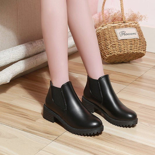 Ankle Boots for Women Thick Bottom Round Toe Leather Boots  All-match Platform Shoes Chunky Heel Plus Velvet Warm Chelsea Boots Plus Size 35-43