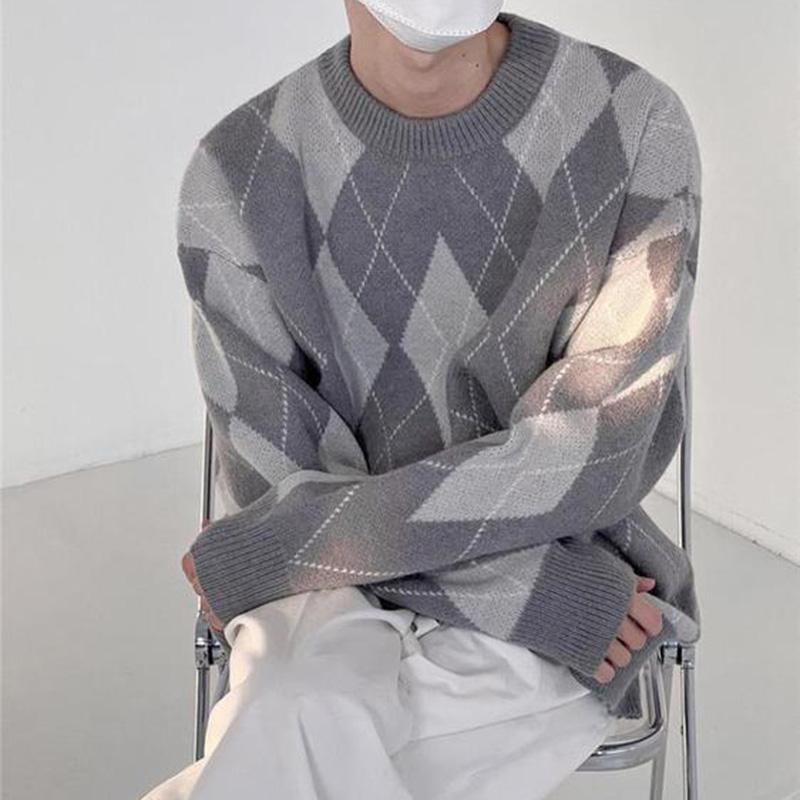 Retro Rhombus Color Matching Round Neck Sweater Men's Tide Brand Loose Knitted Sweater Women's Lazy Style Casual All-match Couple's Sweater