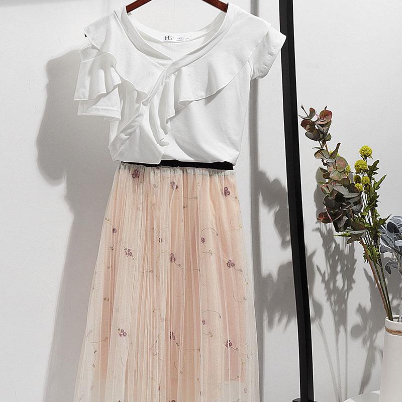 Fashion Summer Women Skirt Suit Printed T-shirt Multilayer Mesh Skirt Two-piece Set Elegant Outfits