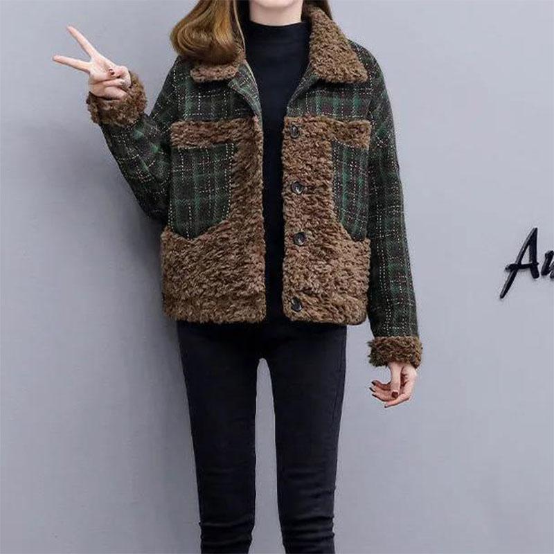 Lamb Wool Stitching Short Coat 2021 Autumn and Winter Plaid Wool Short Coat Cotton-padded Jacket Women