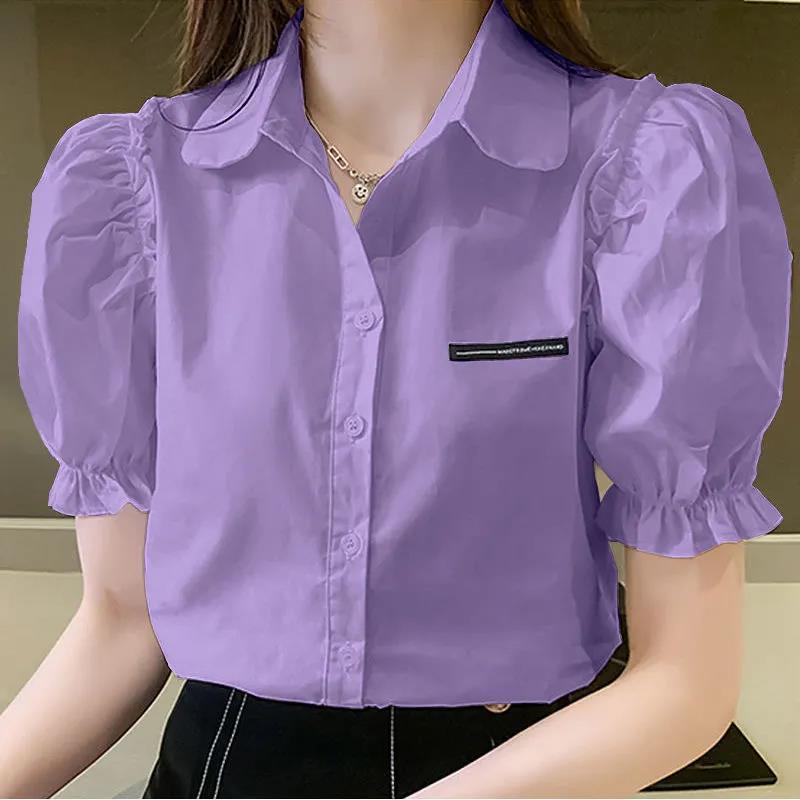 Summer Short Sleeve Women's Solid Color Puff Sleeve Polo Collar Shirt