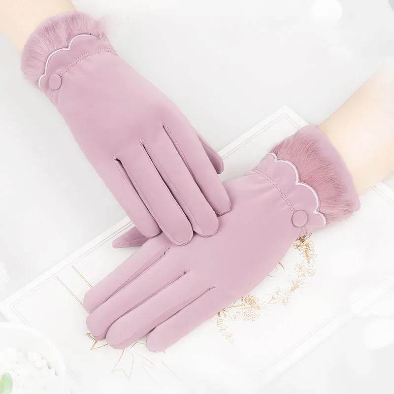 Gloves Women Winter Thick Skin-friendly Warm Cotton Gloves Students Cute Touch Screen Windproof Warm Plus Velvet Cold Riding